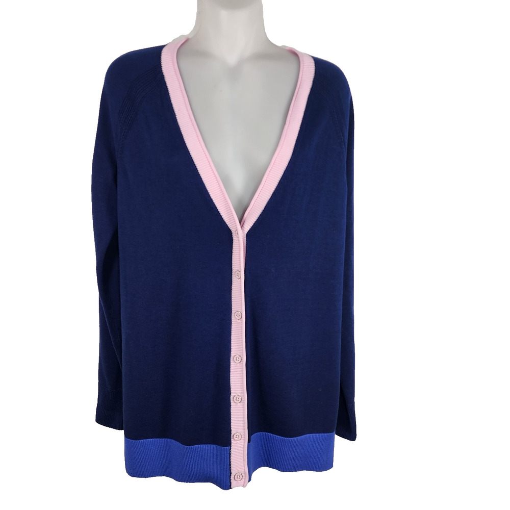 Talbots Women Girlfriend Cardigan Sweater Tipped XS Blue Pink V Neck Button Knit